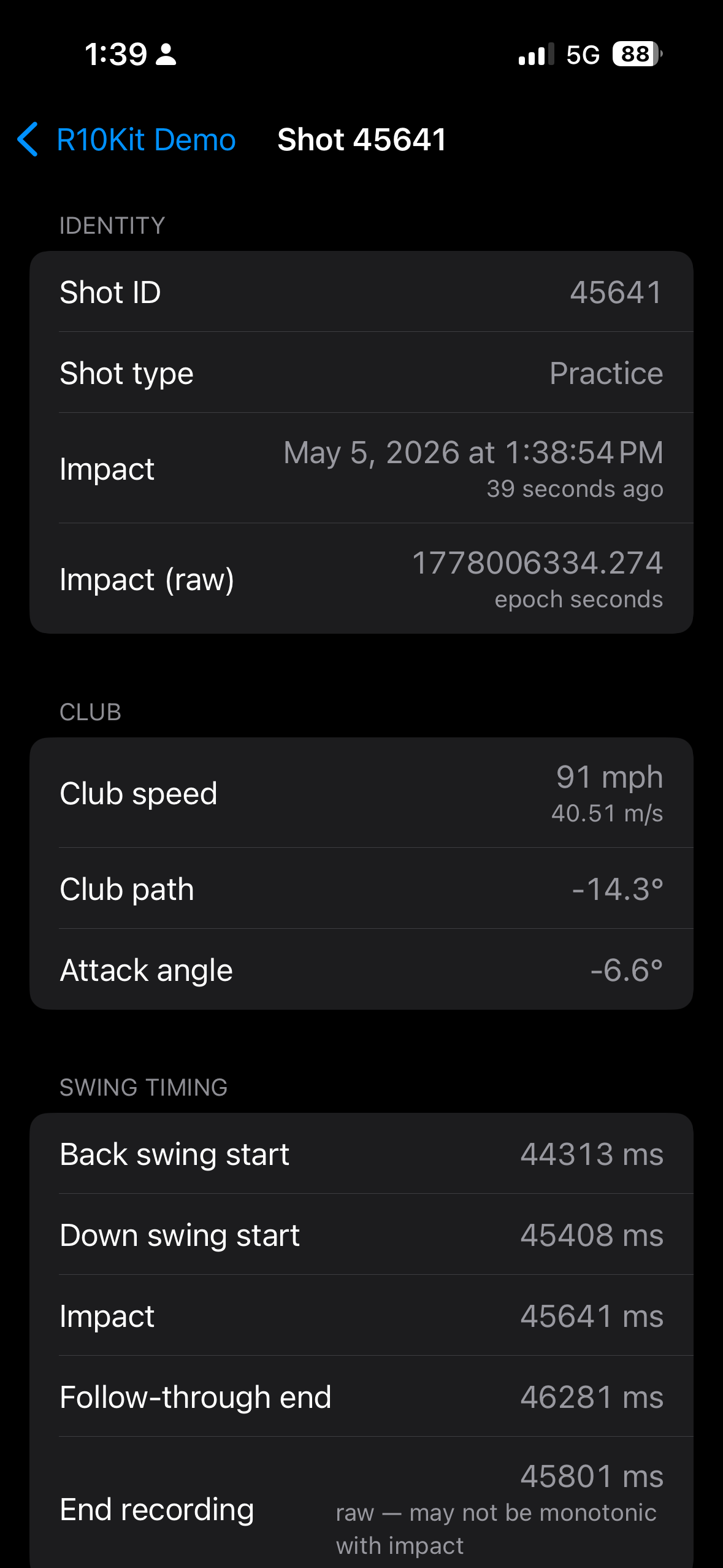 Shot detail showing identity fields and club metrics: club speed, club path, and attack angle