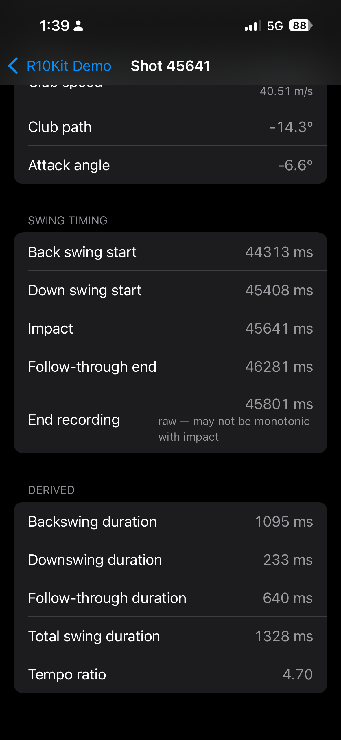 Shot detail scrolled to swing timing and the derived metrics: backswing, downswing, follow through, total duration, and tempo ratio
